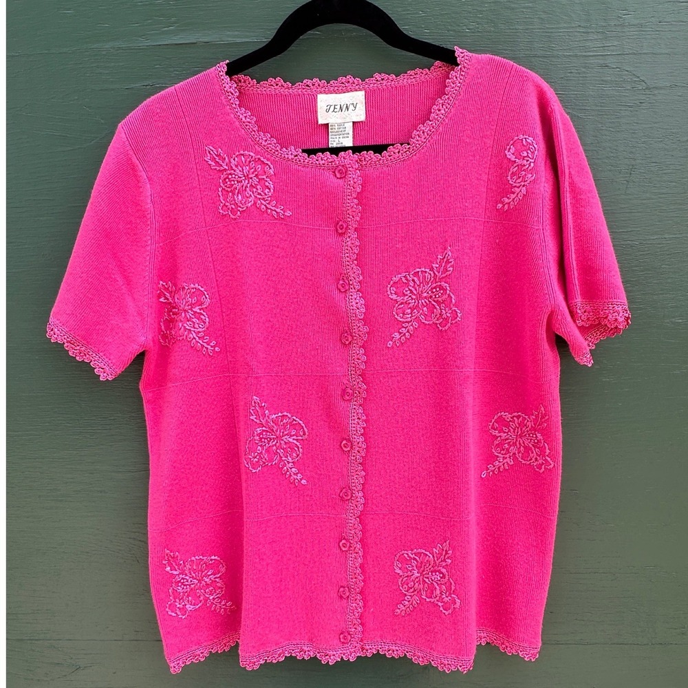 Jenny Vintage Hot Pink Embroidered Storybook Crochet Trim Cardigan Cottage Large